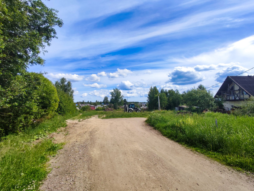 Грунтовая дорога среди зелени с частными домами на горизонте
