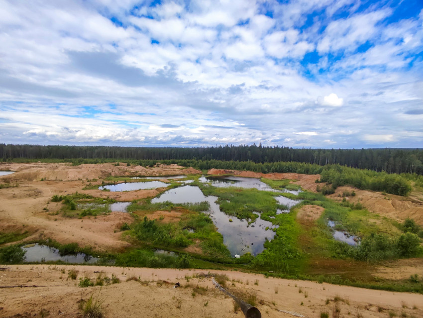 Вид на песчаные выемки и пруды у леса под облачным небом, панорама