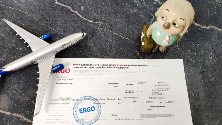 Полис ERGO и модель самолета с фигуркой ленивца