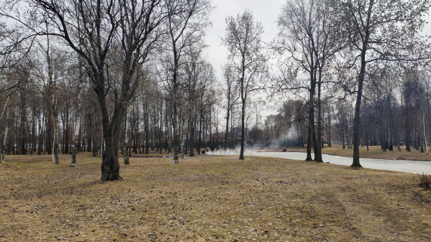 Весенний парк с голыми деревьями и дорожкой у замёрзшего ручья