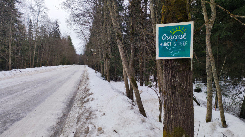 Деревянный знак «Счастье живёт в тебе» в зимнем лесу