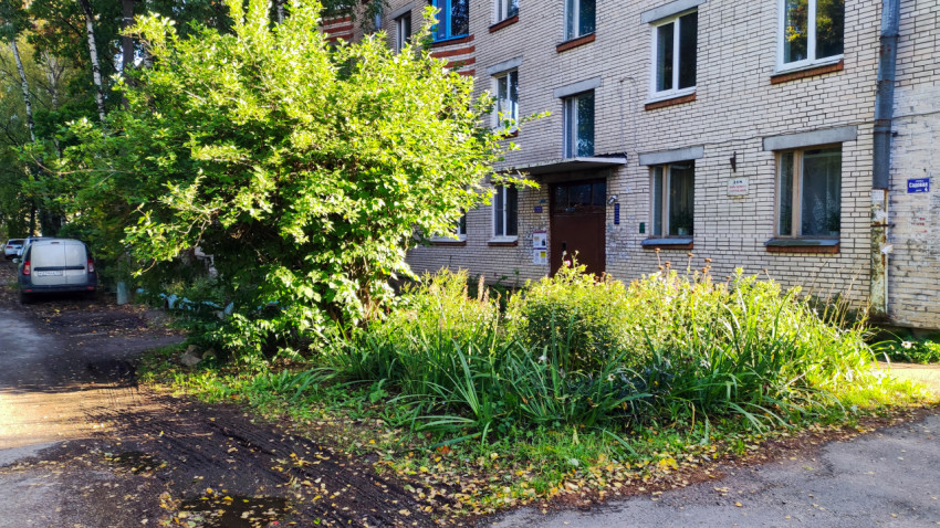 Подъезд жилого дома на улице Садовой в окружении зелени