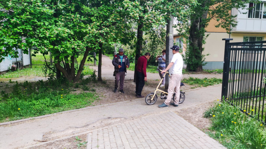 Группа людей на дворовой тропе среди деревьев