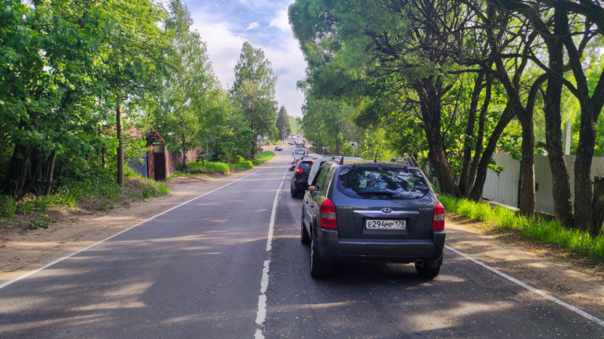 Очередь автомобилей на узкой загородной дороге с зелёными насаждениями