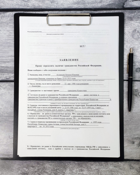 Бланк заявления на определение наличия гражданства РФ крупным планом