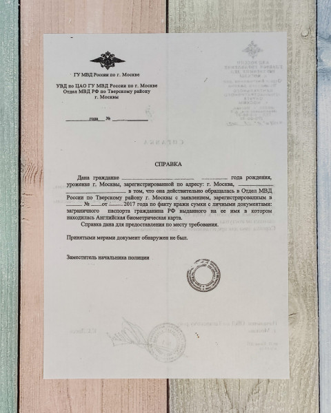 Справка МВД о краже заграничного паспорта