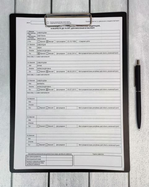 Заполненный бланк заявления для внесения детей в загранпаспорт