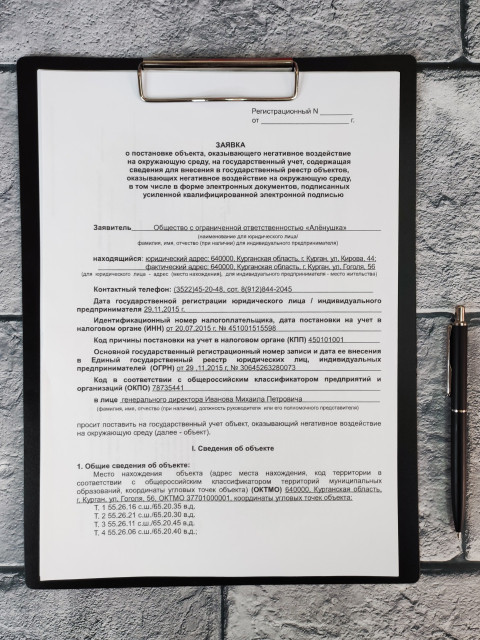 Заявка на постановку объекта на государственный экологический учет