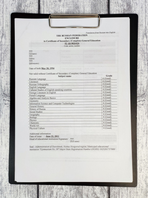 Перевод приложения к аттестату с оценками по предметам