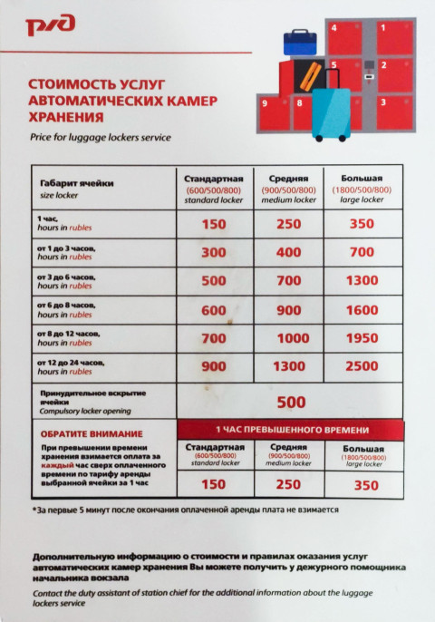 Стоимость размещения багажа в камере хранения на вокзале