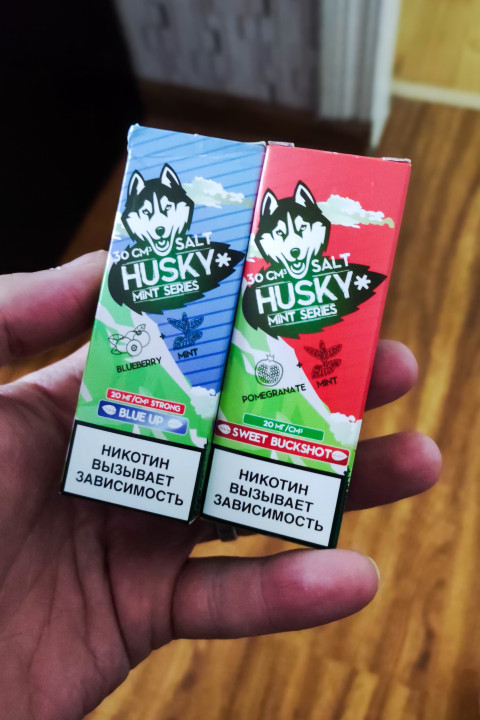 Две упаковки никотиновой соли Husky Mint Series в руке
