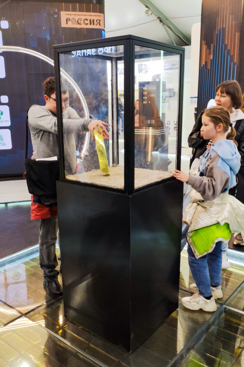 Посетители участвуют в интерактивном эксперименте со слитком на выставке «Россия»