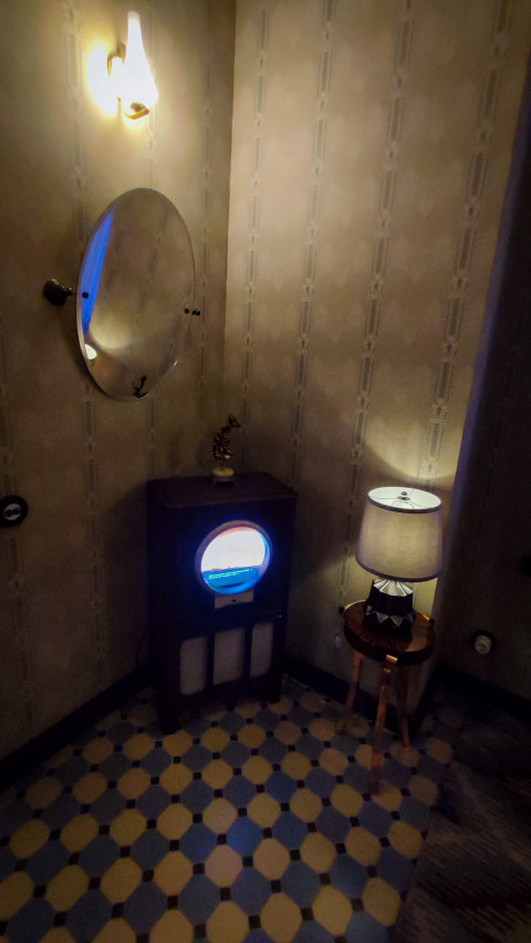 Телевизор Zenith Black Magic под настенным зеркалом в выставочном зале