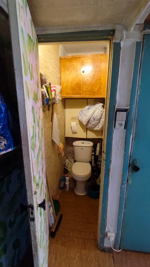 Туалетная комната квартиры с открытой дверью и системой хранения