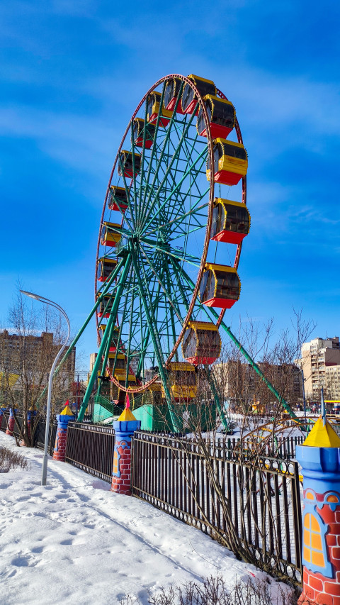 Колесо обозрения за декоративным ограждением в зимнем городском парке