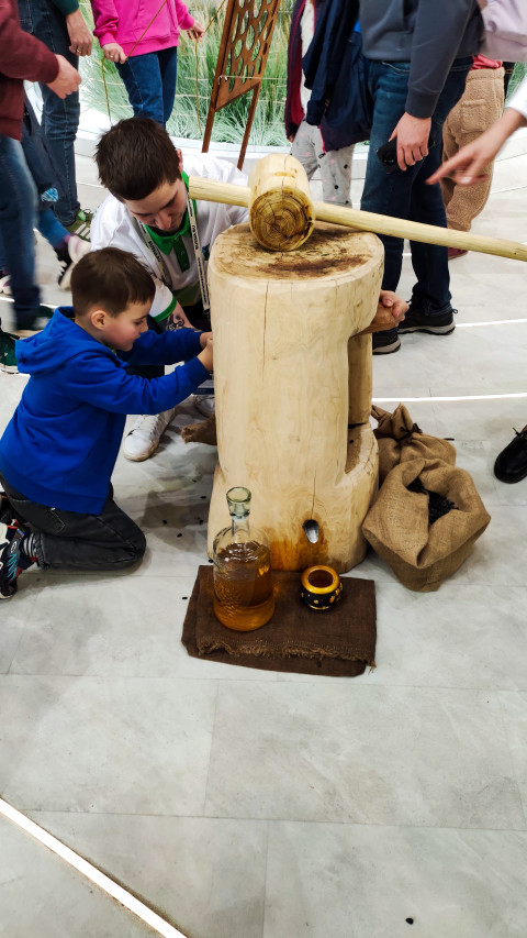 Посетители работают у деревянного пресса на выставке