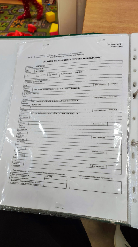 Документ о смене персональных данных в прозрачном файле