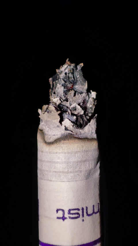 Кончик сигареты с пеплом и следами горения