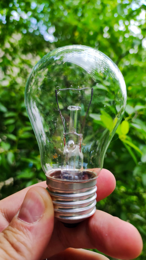 Крупный план лампы накаливания на фоне зелёного боке