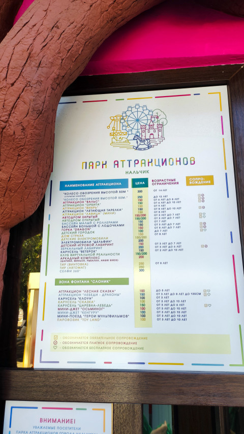 Прайс-лист аттракционов в парке Нальчика на информационном стенде