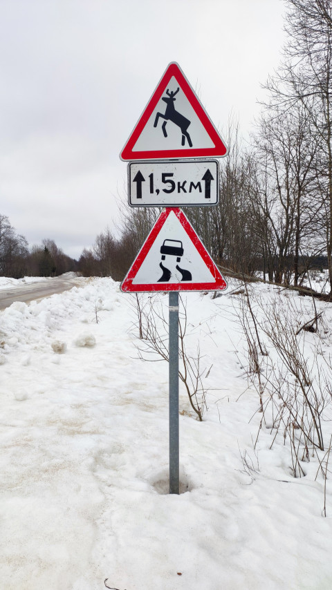 Дорожные предупреждения о диких животных и скользкой дороге зимой