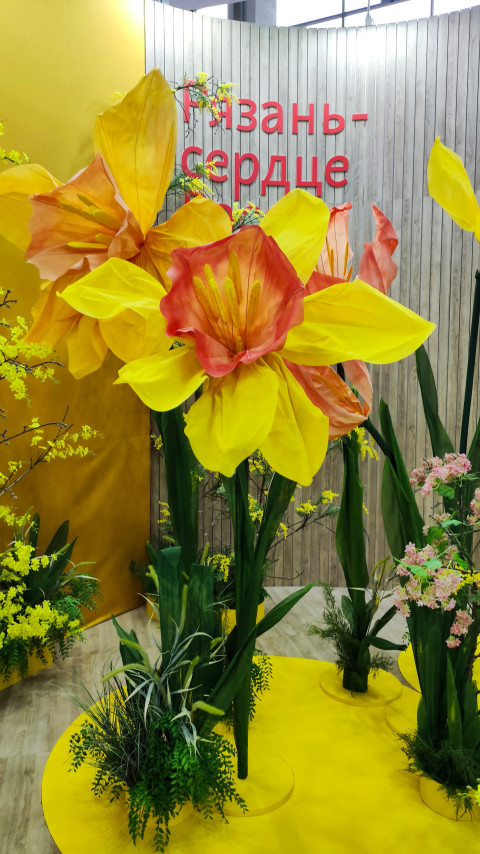 Инсталляция с крупными декоративными цветами на стенде региона