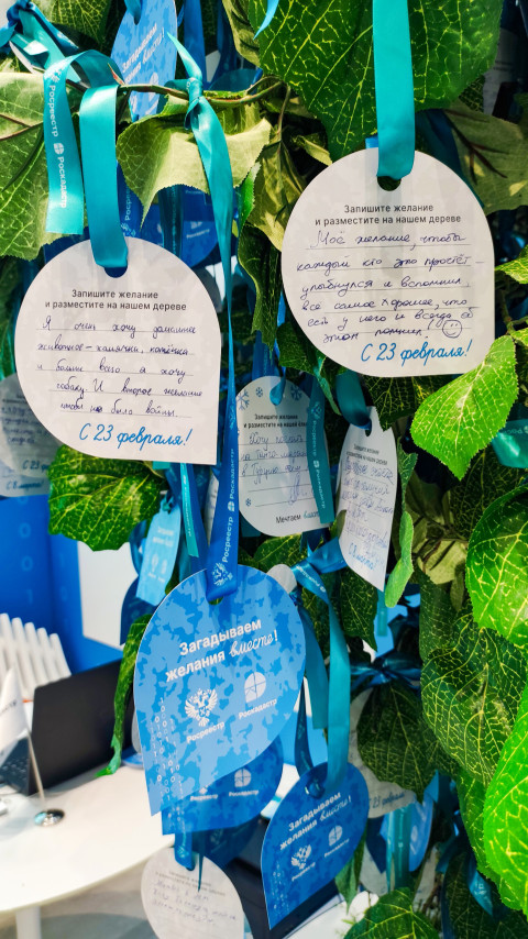 Карточки с пожеланиями посетителей на интерактивном дереве