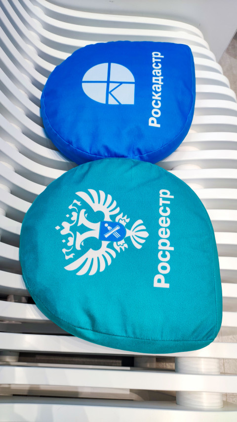 Фирменные подушки Росреестра и Роскадастра на выставочной мебели