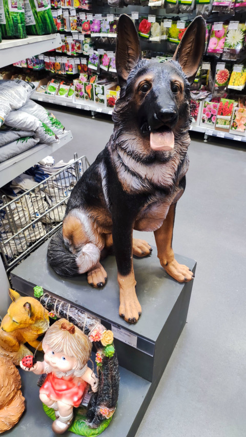 Садовые фигурки собаки и девочки на подставке в магазине