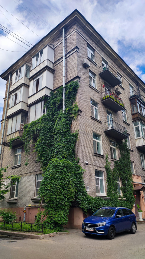 Фасад жилого дома с балконами, водосточной трубой и вертикальным озеленением плющом