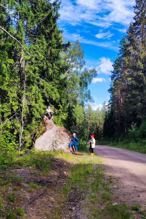 Люди возле большого валуна в лесу