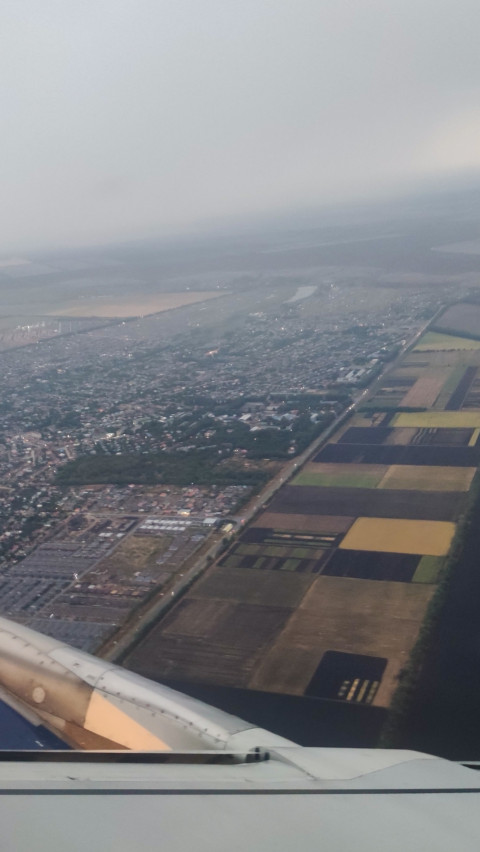 Вид из иллюминатора на поля и пригородную застройку